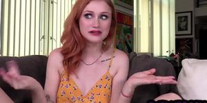 Redheaded shy girl is sucking and chatting in POV