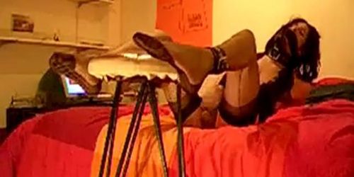 Tranny waits for stocking foot punishment