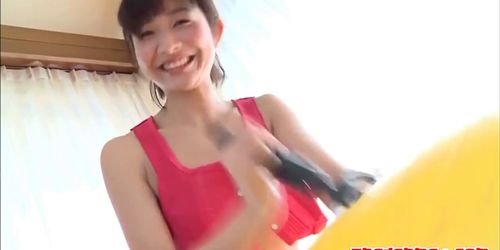 Hot Japanese Girl has the fitness exercise with the ball