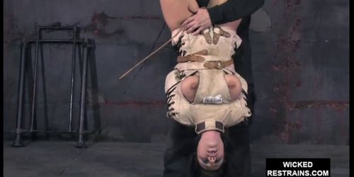 Throatfucked slave hanging upside down gagging