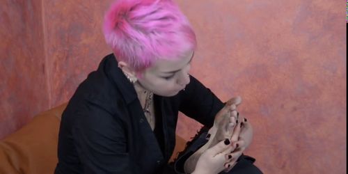 Girl licks her own dirty feet